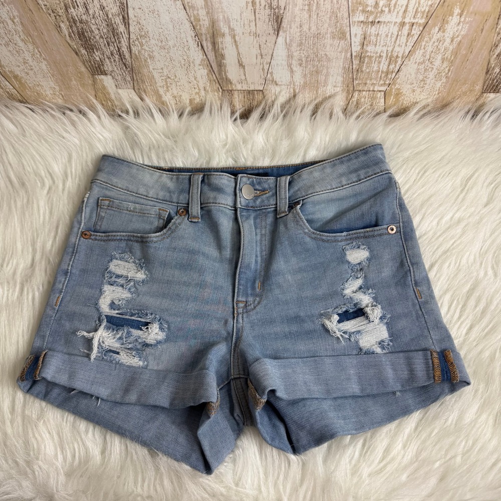 AEROPOSTALE HIGH RISE MIDI Distressed Denim Shorts Light Wash Womens Size 6